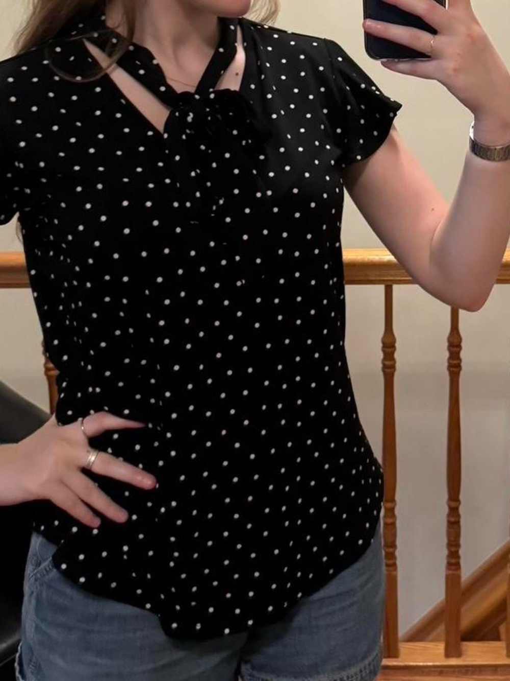 adriana papell business casual polka dot blouse with tie and frilly sleeves